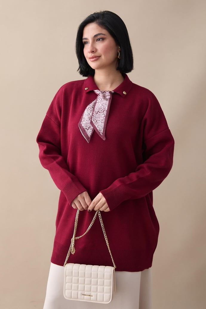 Fularlı Triko Bordo Tunik