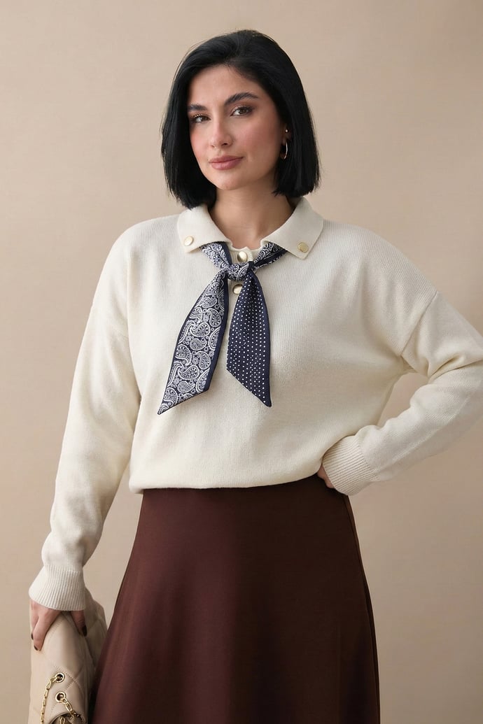 Fularlı Triko Ekru Tunik