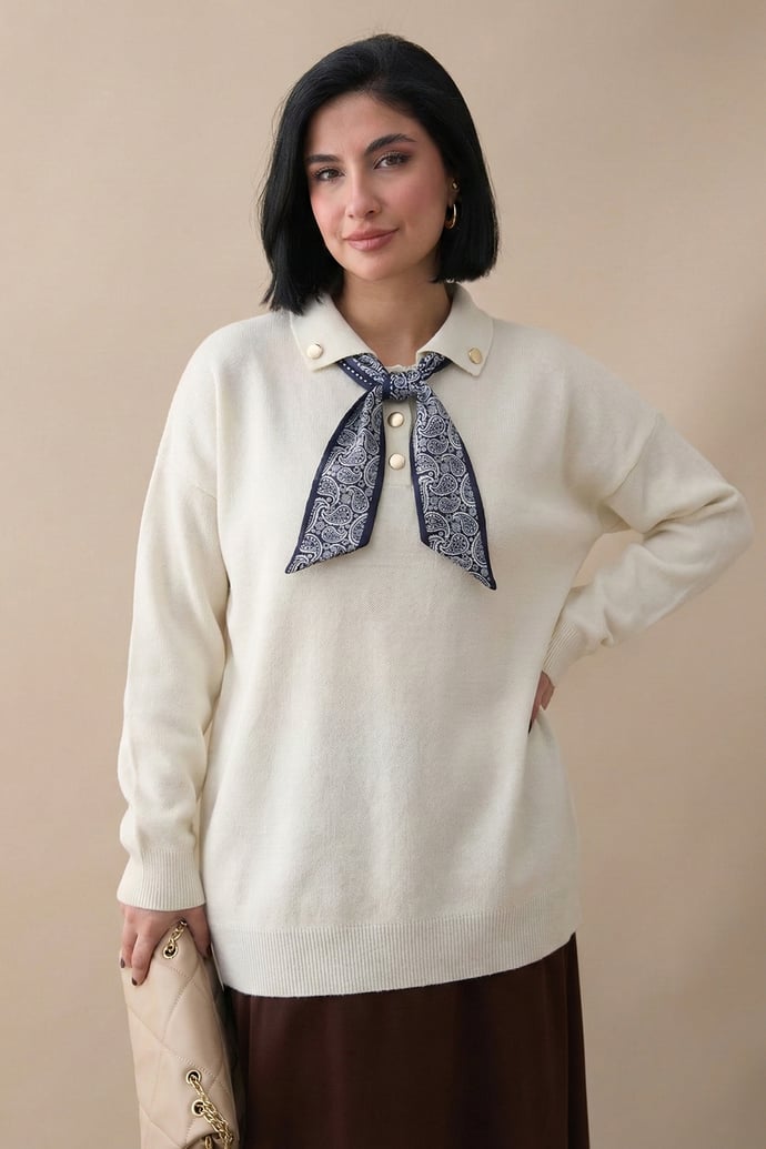 Fularlı Triko Ekru Tunik