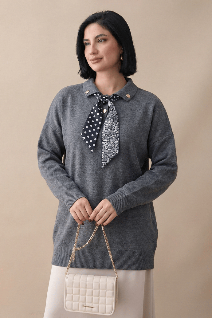 Fularlı Triko Gri Tunik