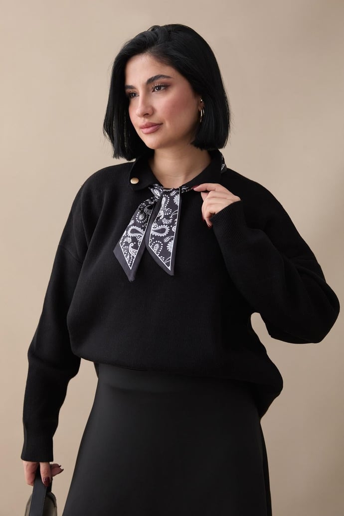 Fularlı Triko Siyah Tunik