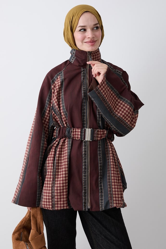 Garnili Ekose Desen Bordo Ceket