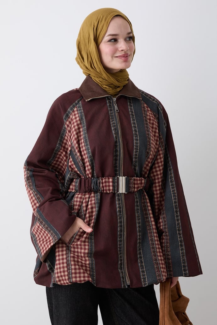 Garnili Ekose Desen Bordo Ceket