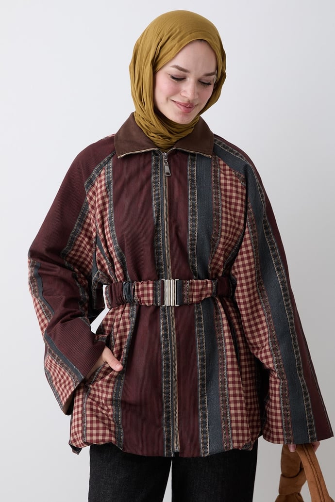 Garnili Ekose Desen Bordo Ceket
