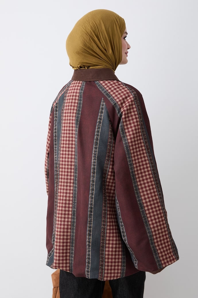 Garnili Ekose Desen Bordo Ceket