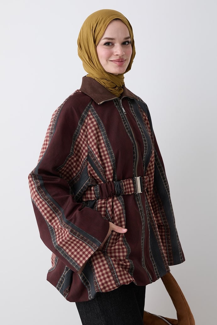 Garnili Ekose Desen Bordo Ceket