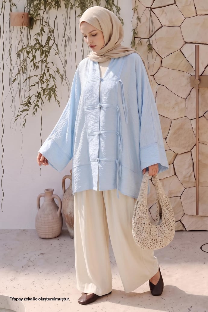Geniş Kol Bebe Mavisi Kimono