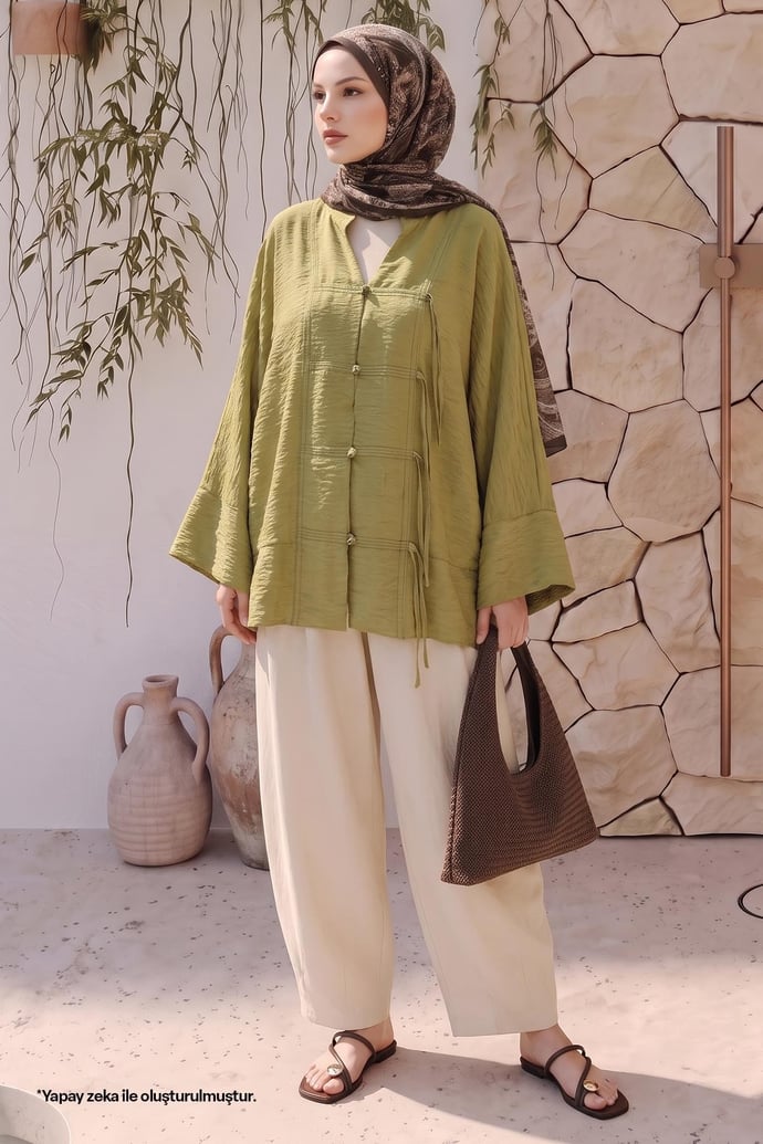 Geniş Kol Yağ Yeşili Kimono