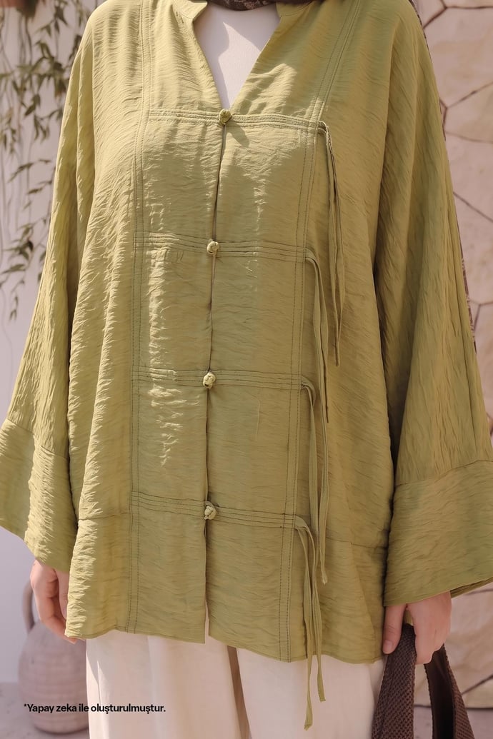 Geniş Kol Yağ Yeşili Kimono