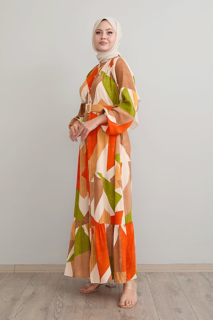Geometric Pattern Belted Orange Viscose Dress