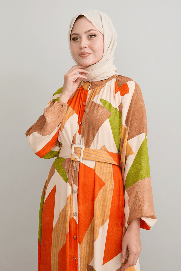 Geometric Pattern Belted Orange Viscose Dress