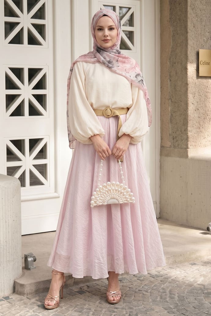 Hasır Kemerli Pembe Tül Etek