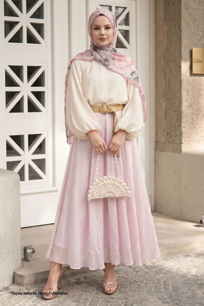 Hasır Kemerli Pembe Tül Etek