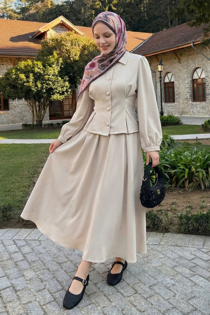 İnce Kemerli Gömlek Etek Bej Duble Takım