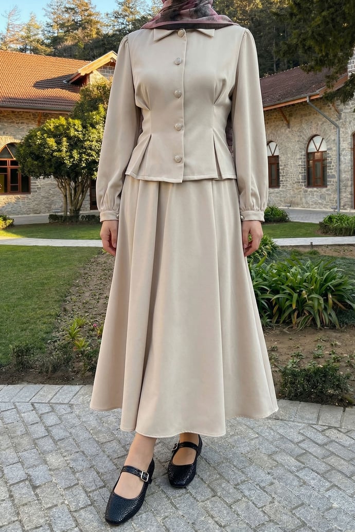 İnce Kemerli Gömlek Etek Bej Duble Takım