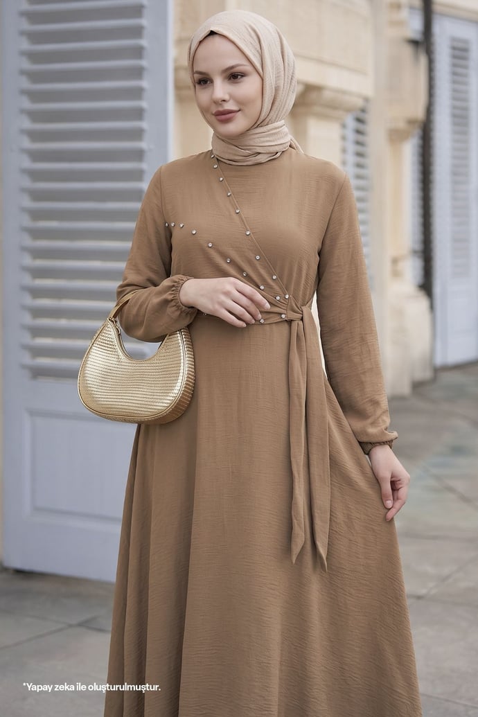 İncili Önü Bağlamalı Camel Ayrobin Elbise