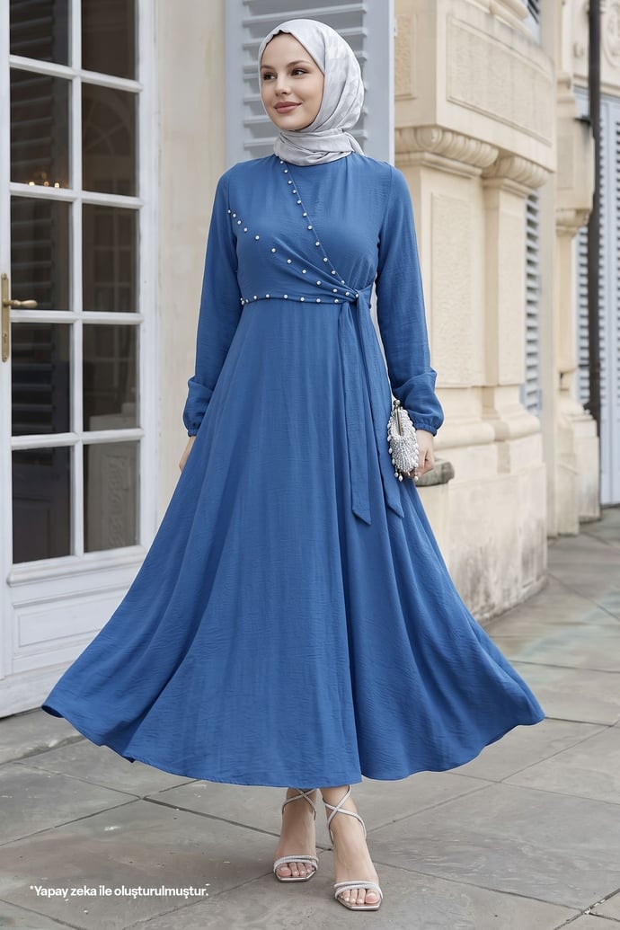 Pearled Tie Front Blue Ayrobin Dress