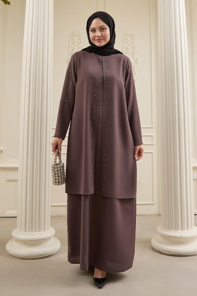 İncili Parça Detay Acı Kahverengi Abaya