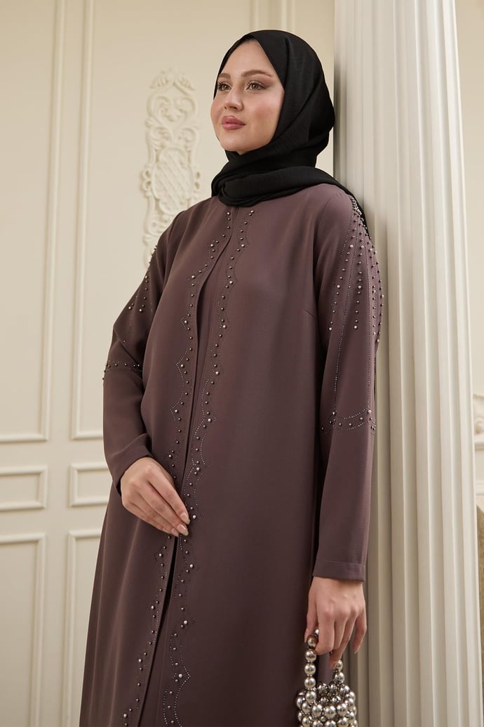 İncili Parça Detay Acı Kahverengi Abaya