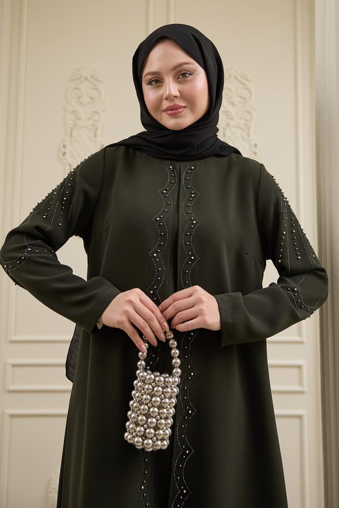 İncili Parça Detay Haki Abaya