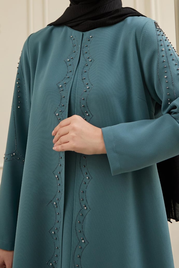 İncili Parça Detay Mint Yeşili Abaya