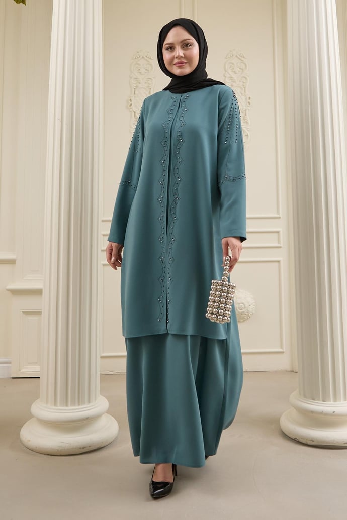 İncili Parça Detay Mint Yeşili Abaya