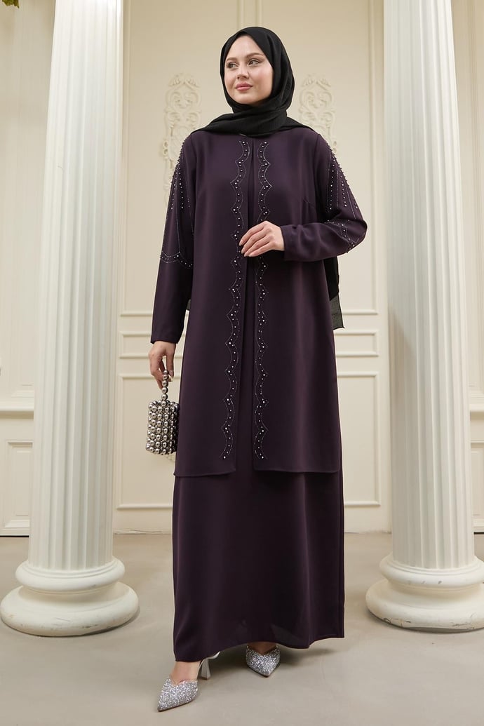 İncili Parça Detay Mor Abaya