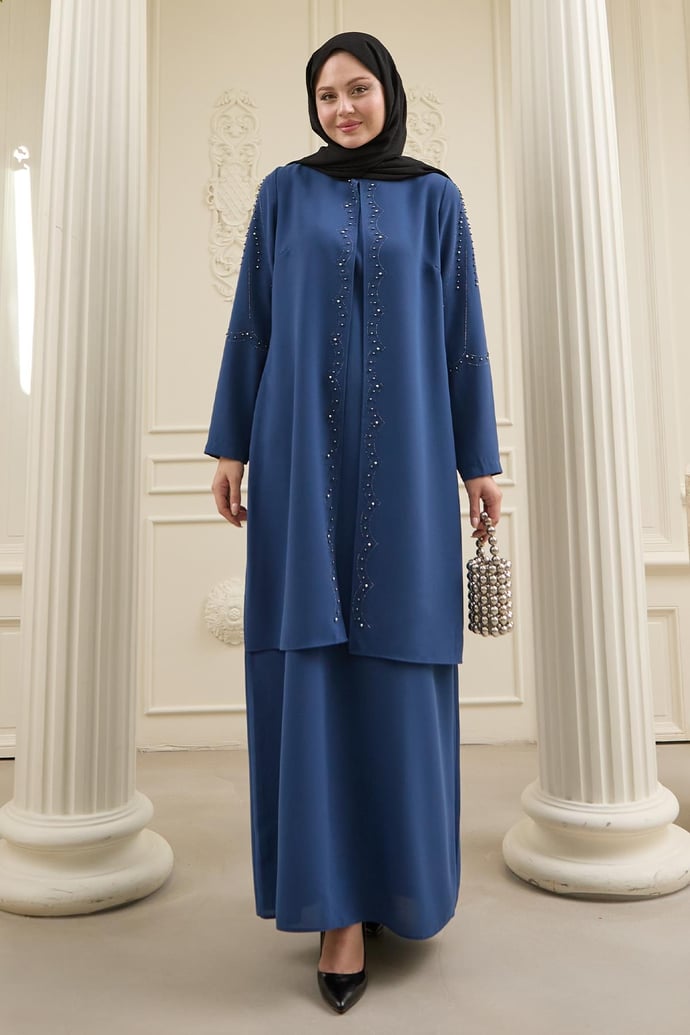 İncili Parça Detay Saks Mavisi Abaya