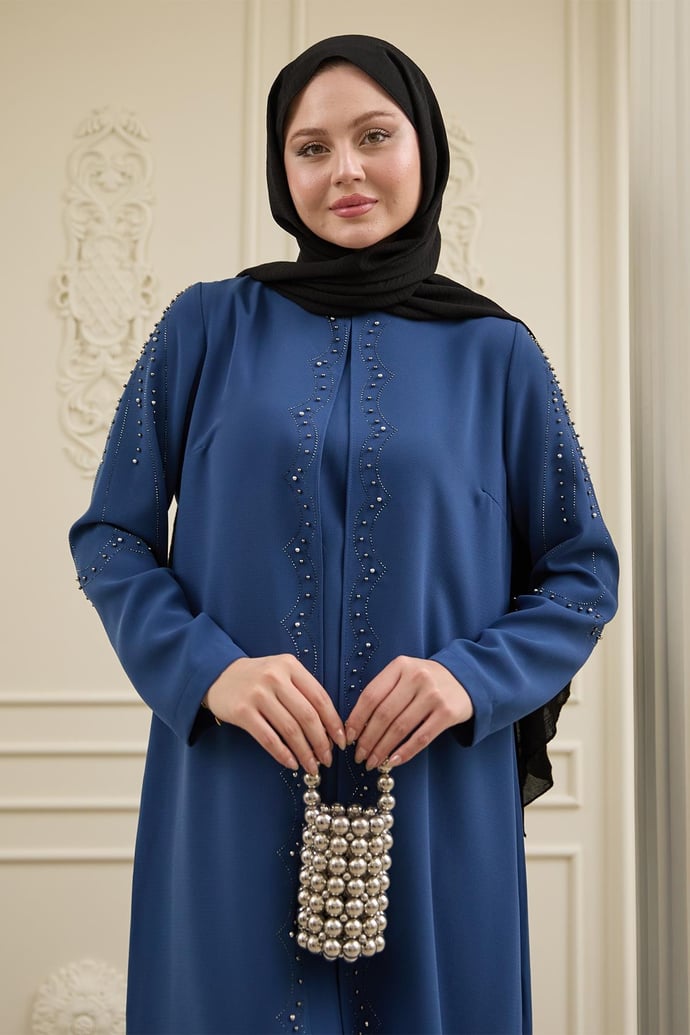 İncili Parça Detay Saks Mavisi Abaya