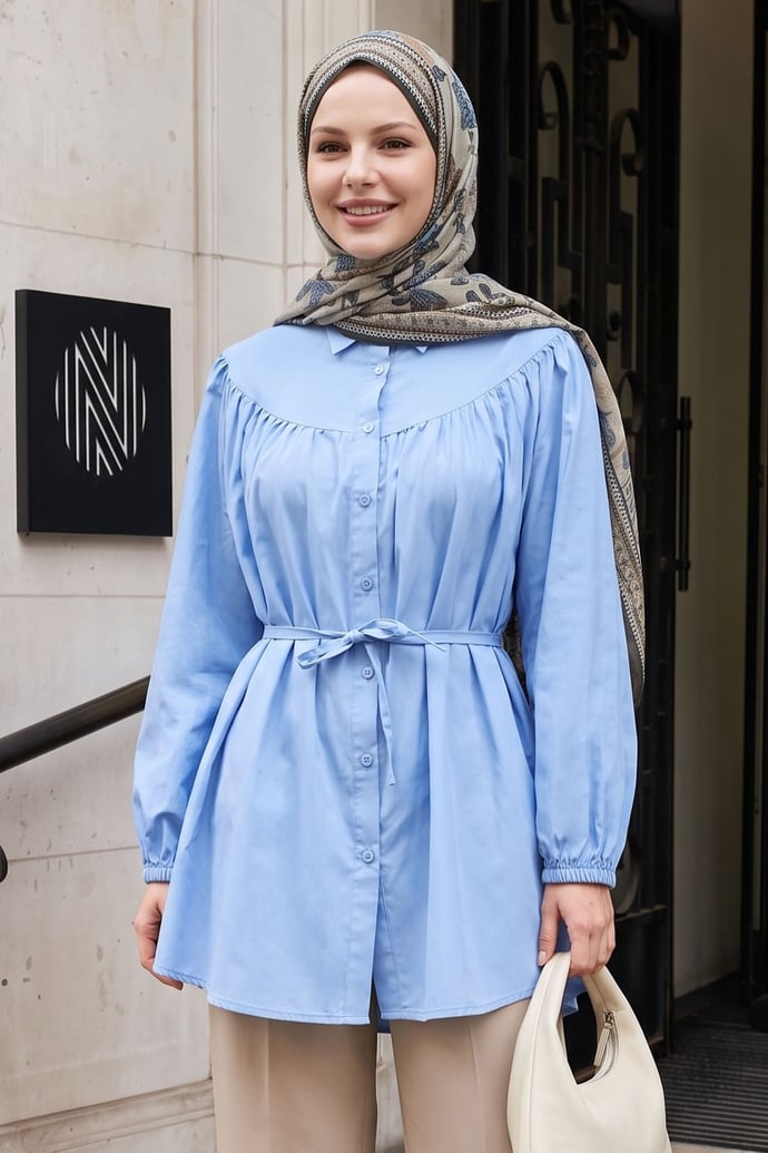 İp Kuşaklı Bebe Mavisi Gömlek Tunik
