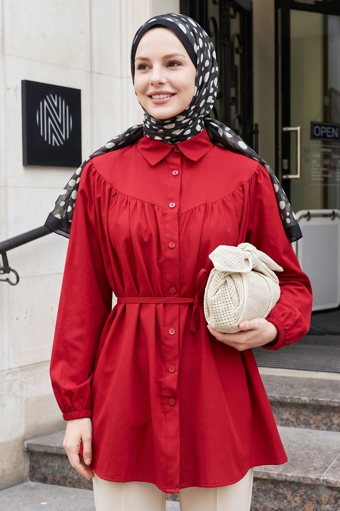 İp Kuşaklı Bordo Gömlek Tunik