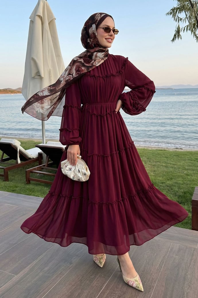 İpli Salaş Bordo Şifon Elbise