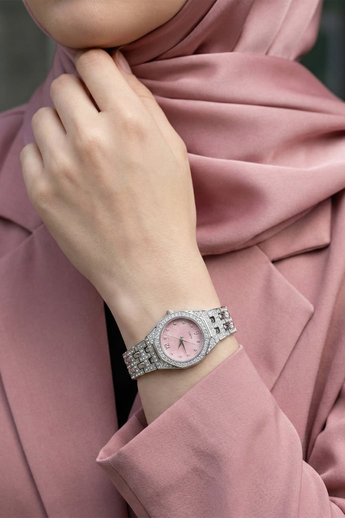 Işıltılı Taş Detaylı Gümüş-Pembe Kadın Kol Saati