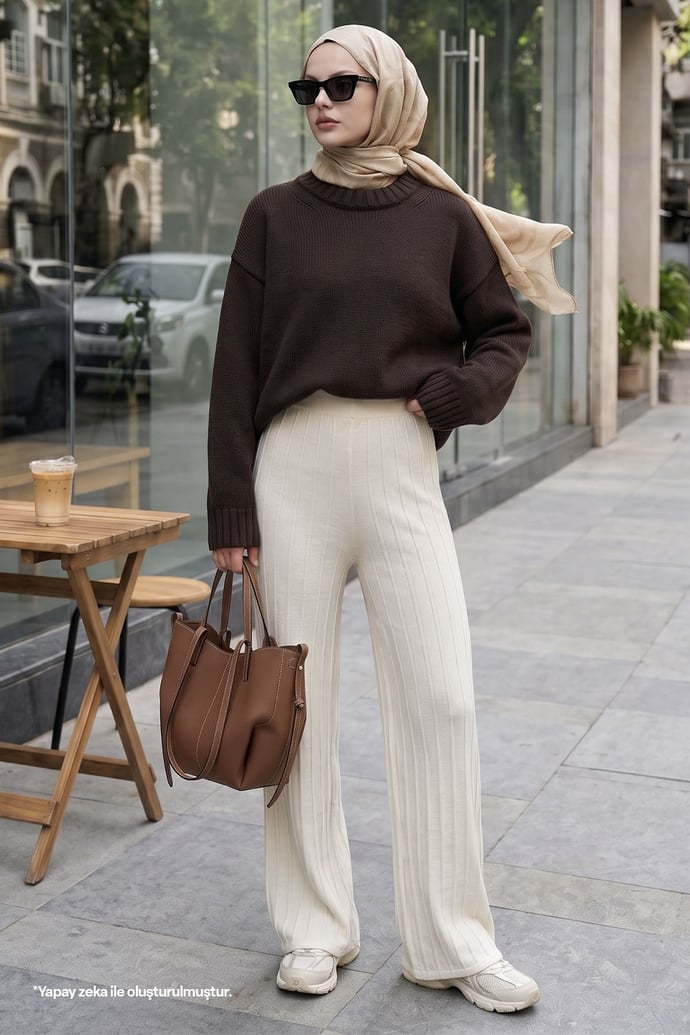 Thick Ribbed Ecru Knit Pants