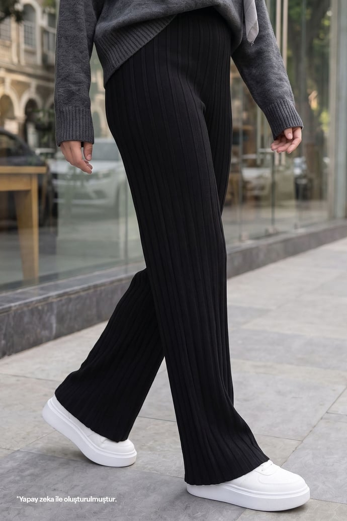 Thick Ribbed Black Knit Pants