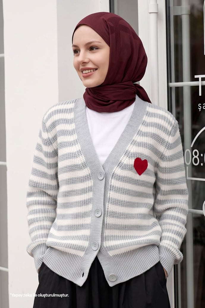 Heart Striped Grey Knit Cardigan