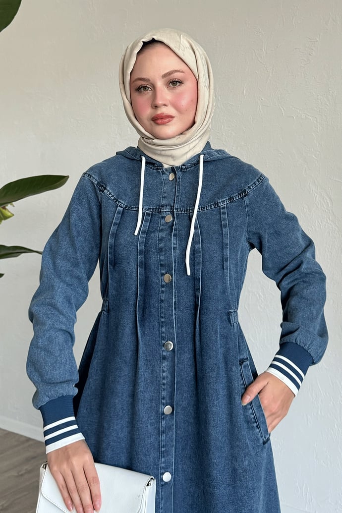 Kapüşonlu Beli Lastikli Mavi Kot Elbise