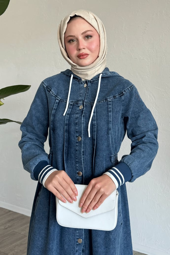 Kapüşonlu Beli Lastikli Mavi Kot Elbise