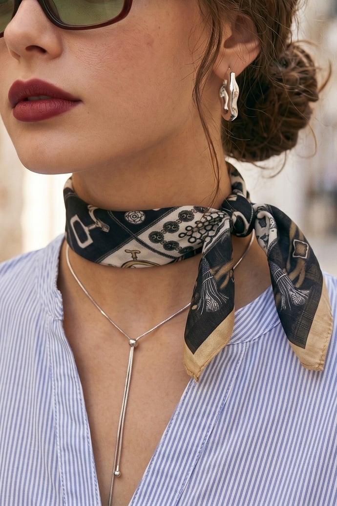 Kareli Zincir Desenli Bej-Siyah Bandana Fular 50x50