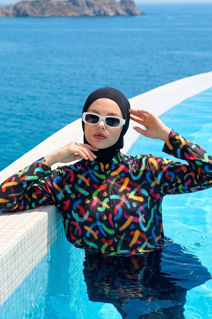 Karışık Renkli Bolerolu Kapalı Siyah Tesettür Mayo