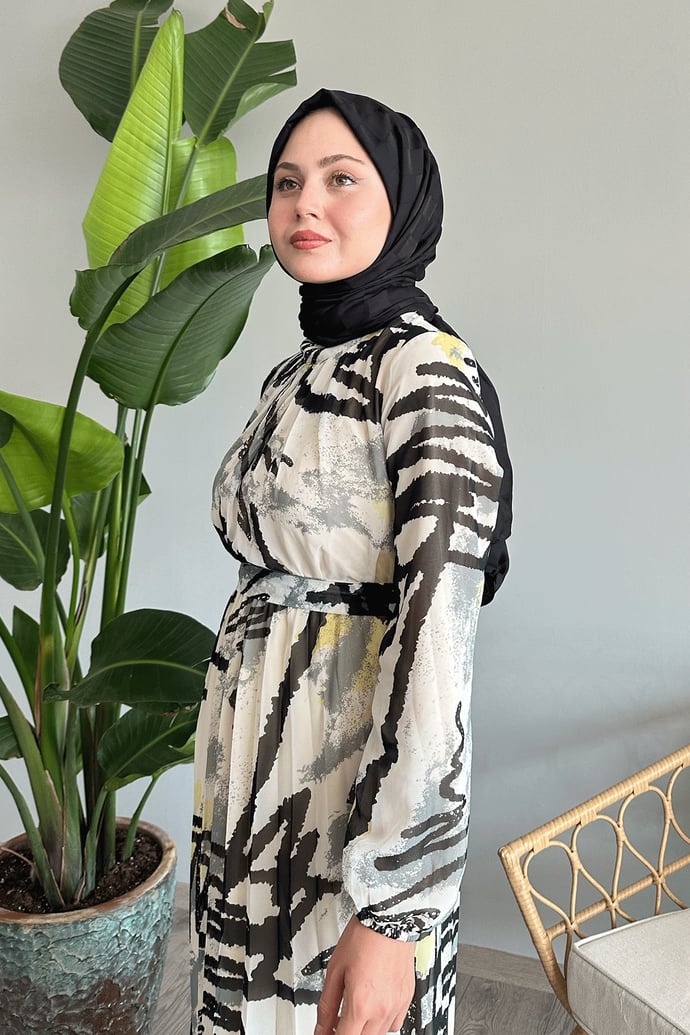 Karışık Şerit Desen Gri Şifon Elbise