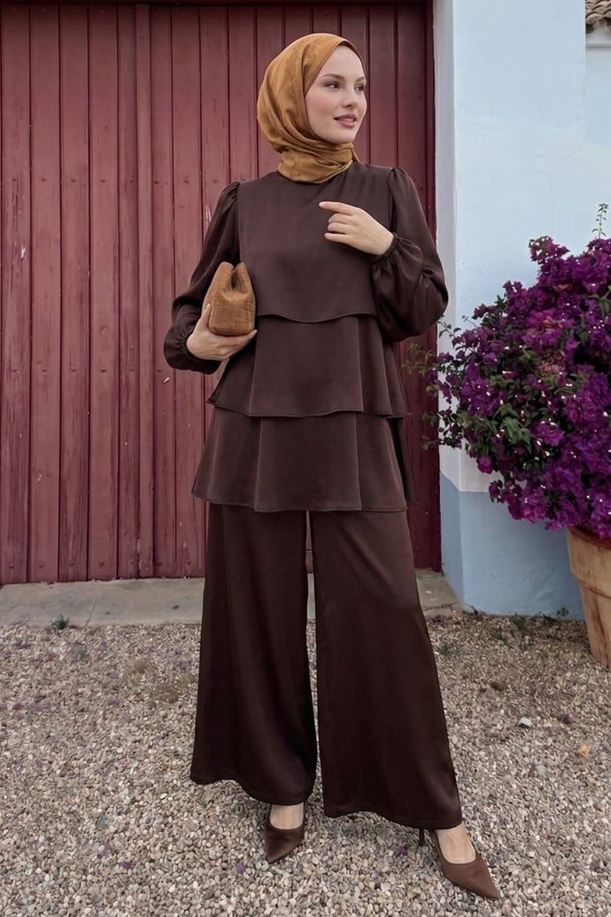 Katlı Saten Acı Kahve Krep Takım
