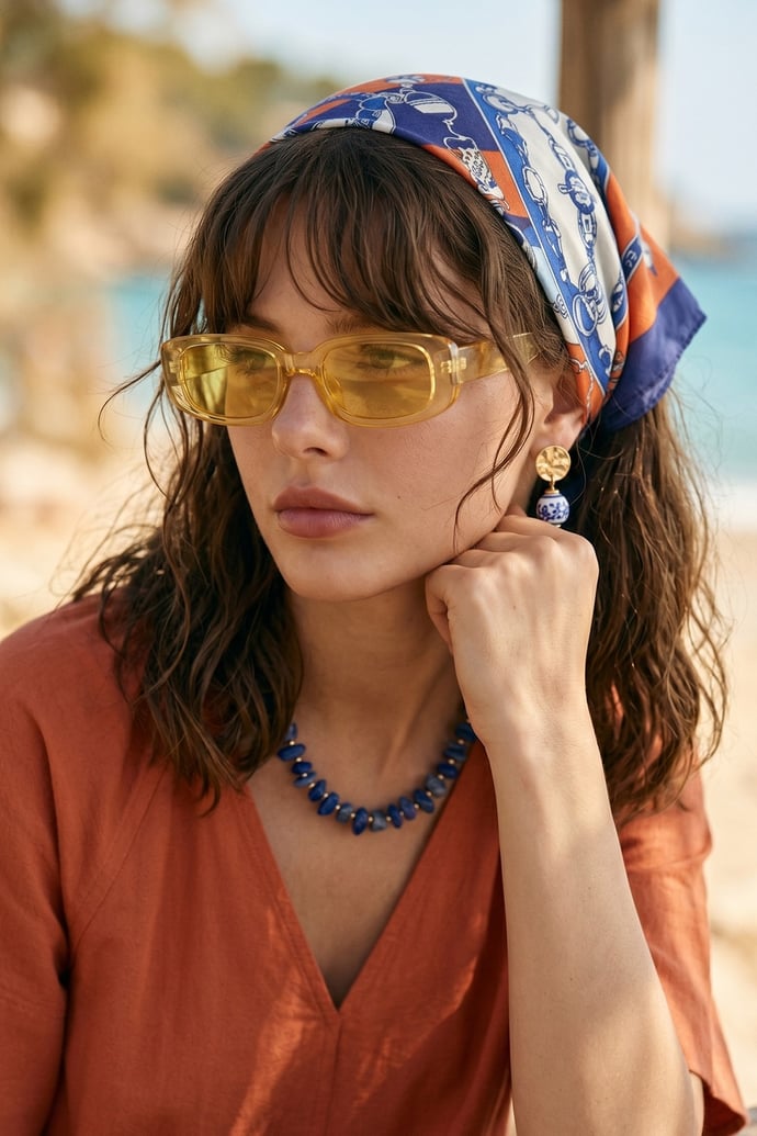 Kemer Desenli Saks Mavisi-Turuncu Bandana Fular 50x50