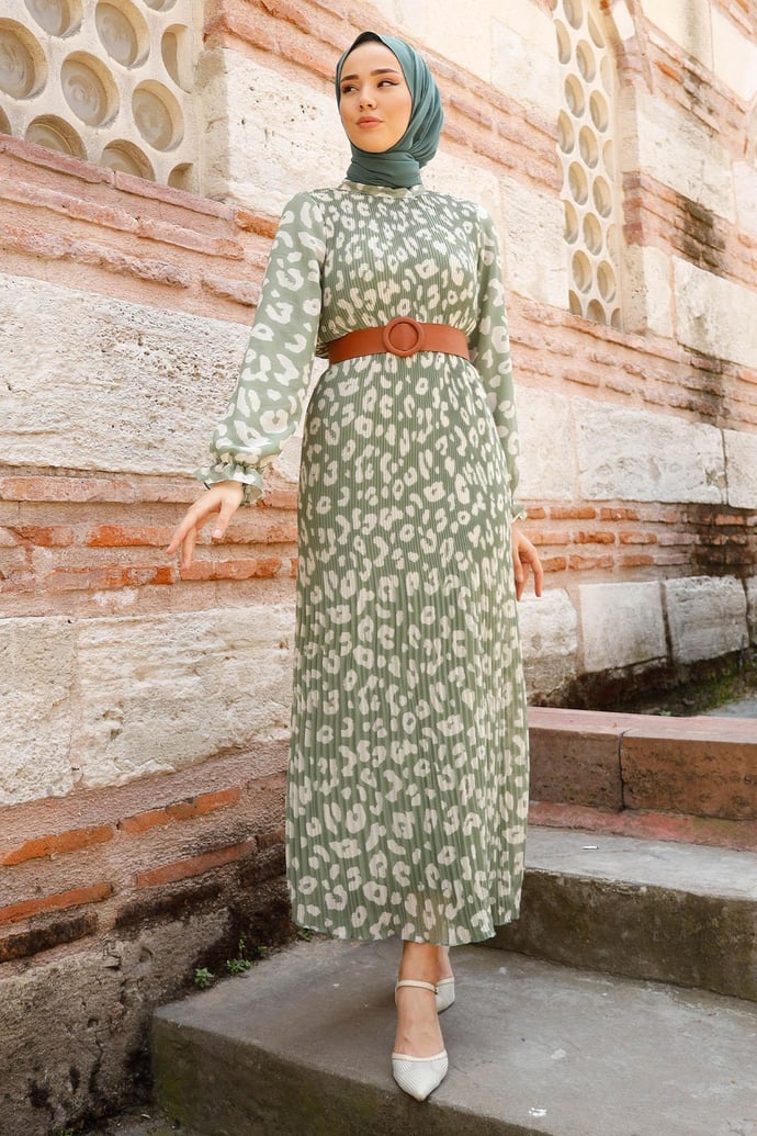 Kemerli Piliseli 2015 Şifon Elbise - Haki