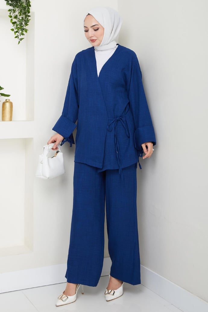 Keten Kimono İkili Lacivert Takım