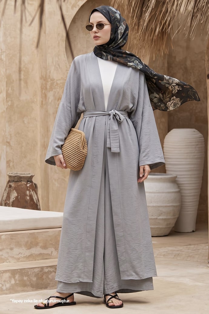 Kimono Pantolonlu Gri Takım