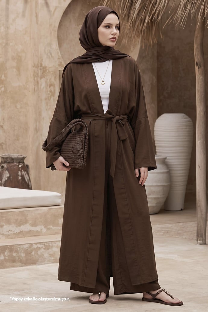 Kimono Pantolonlu Kahve Takım