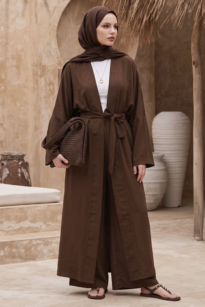 Kimono Pantolonlu Kahve Takım