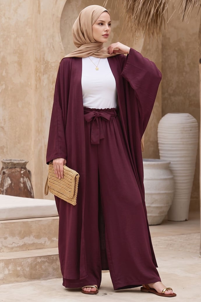 Kimono Pantolonlu Mürdüm Takım