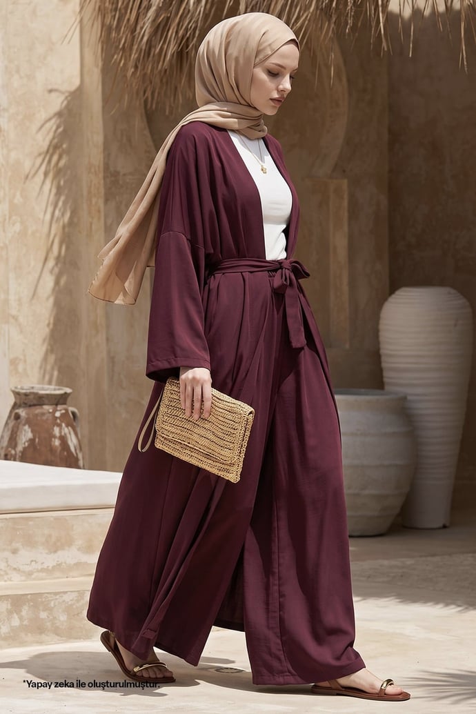 Kimono Pantolonlu Mürdüm Takım